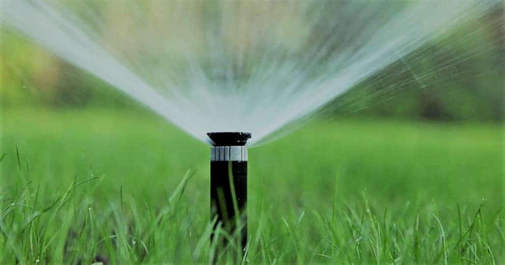 watering lawn with sprinkler